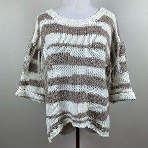 Sloane Rouge Sweater XS Fringe 3/4 Sleeve‎ Wool Blend Striped Open Knit